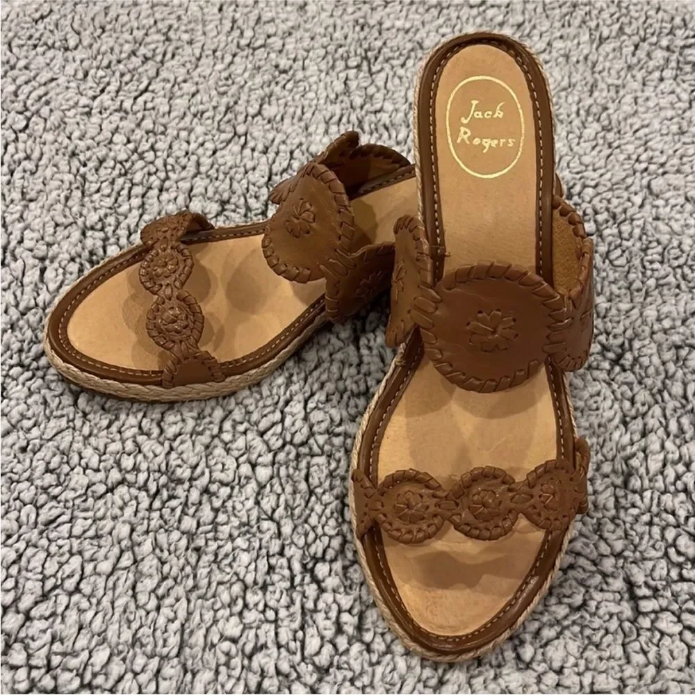 NWOT Jack Rogers Shelby Espadrille Tan Leather Wedge Slide Sandals